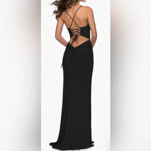 La Femme Spaghetti Strap Jersey Gown in Black